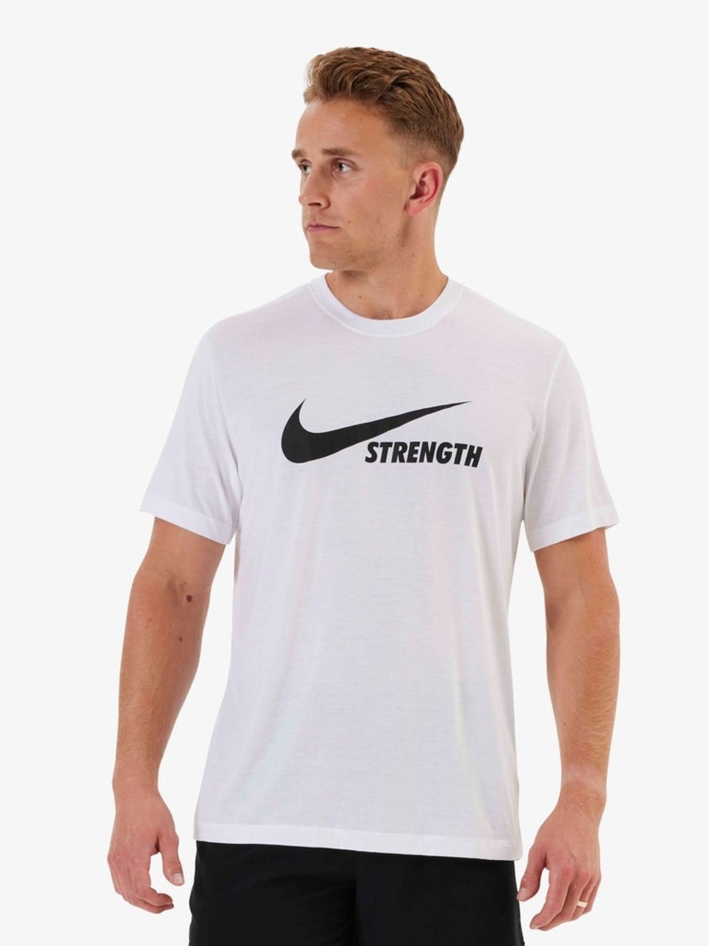 Nike Men's White Short-Sleeve Strength Tee with Black Swoosh